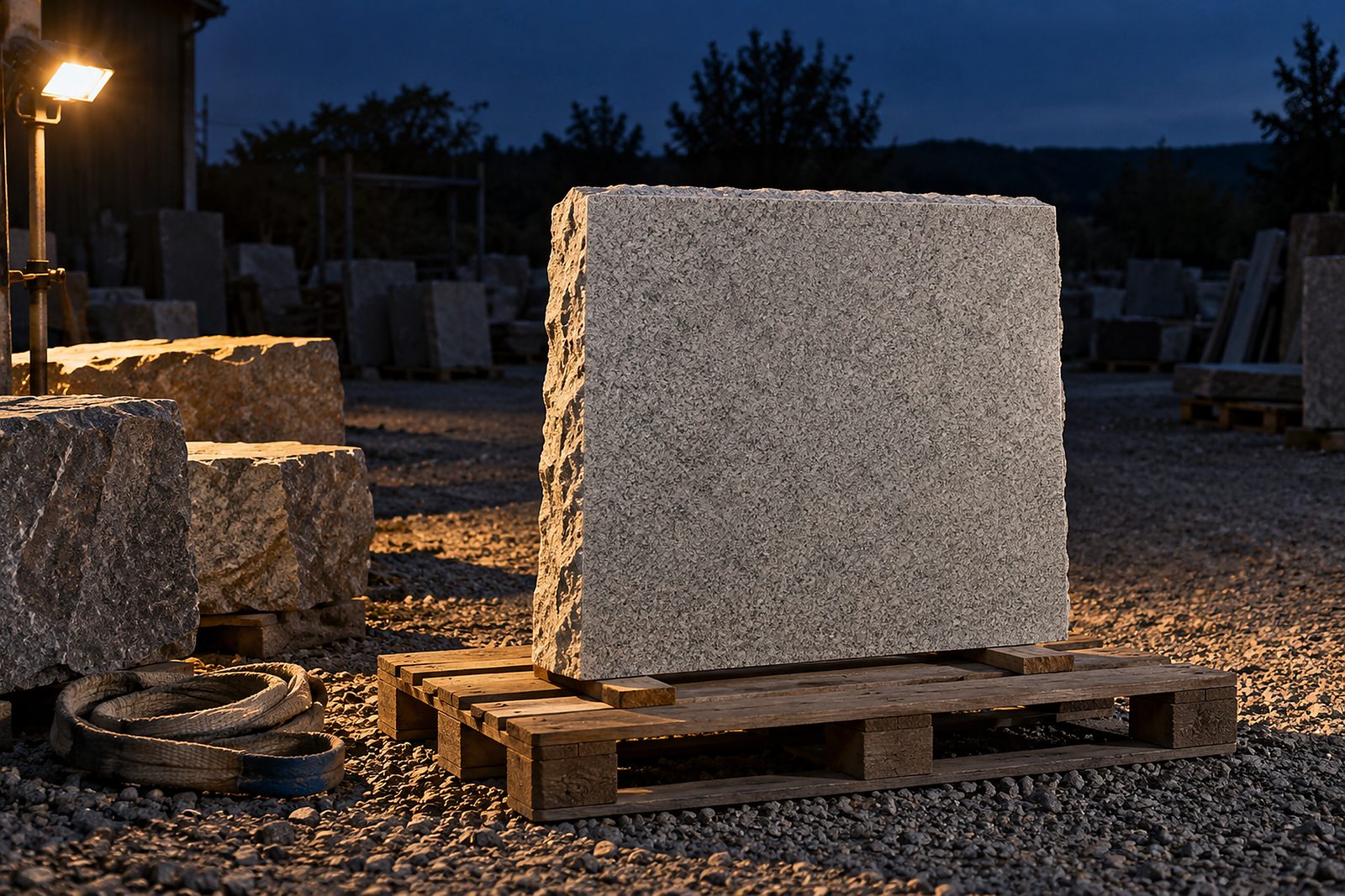 Ein fertiges, noch unbeschriftetes Grabmal aus hellem Granit auf einer Palette im Hof am Abend, davor ein Hebegurt im Kies