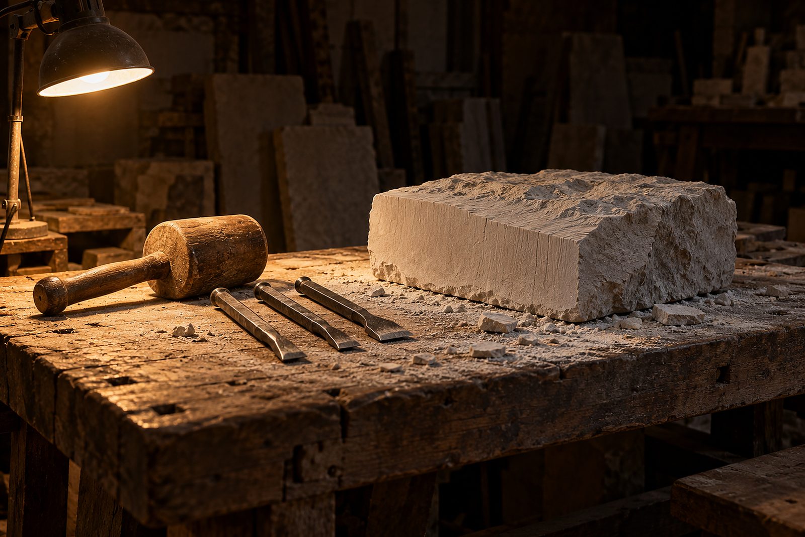 Werkbank am Abend: angefangener Kalkstein, Holzfäustel und drei Eisen im Lampenlicht